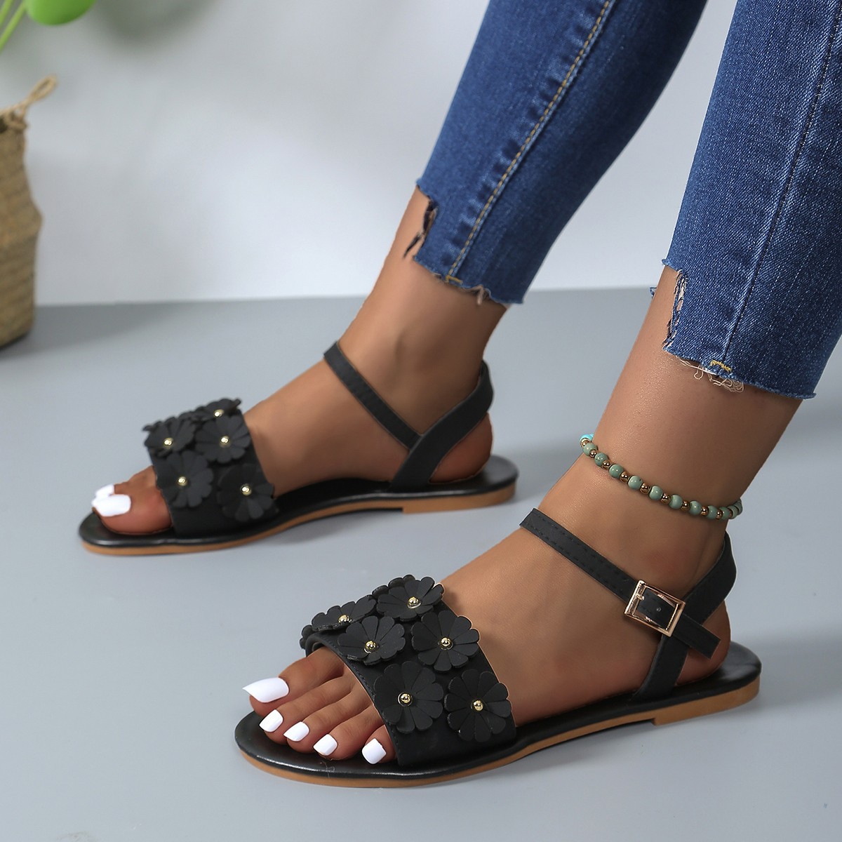 Women Floral Open Toe Flat Sandals Ankle Strap Buckle Shoes Summer