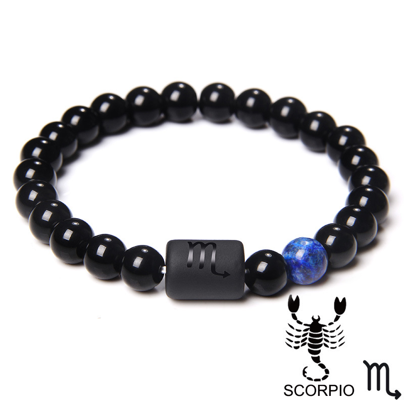 12 Constellation Bracelet 8mm Black Agate Glossy Bead Stone Constellation Bracelet