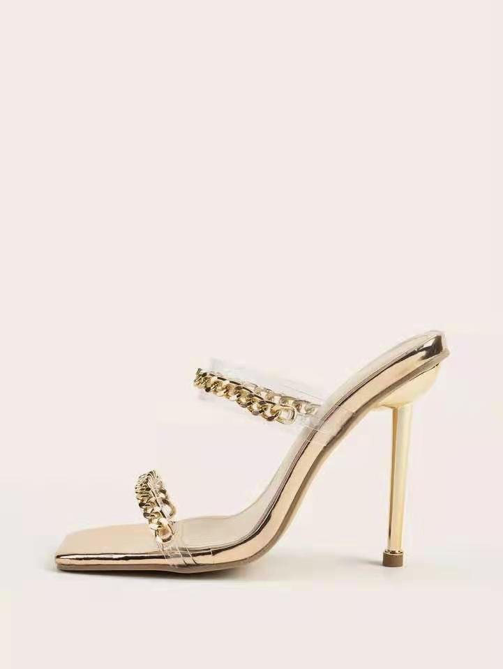 Metal Chain Square Toe Stiletto Heel Sandals Gold - Shop at LoveMi