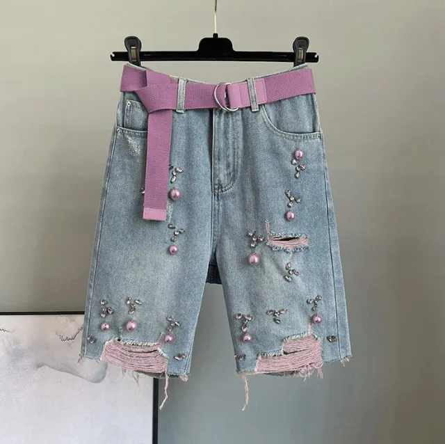 High Waisted Loose Fitting Slim Studded Denim Shorts Pink - Shop at LoveMi