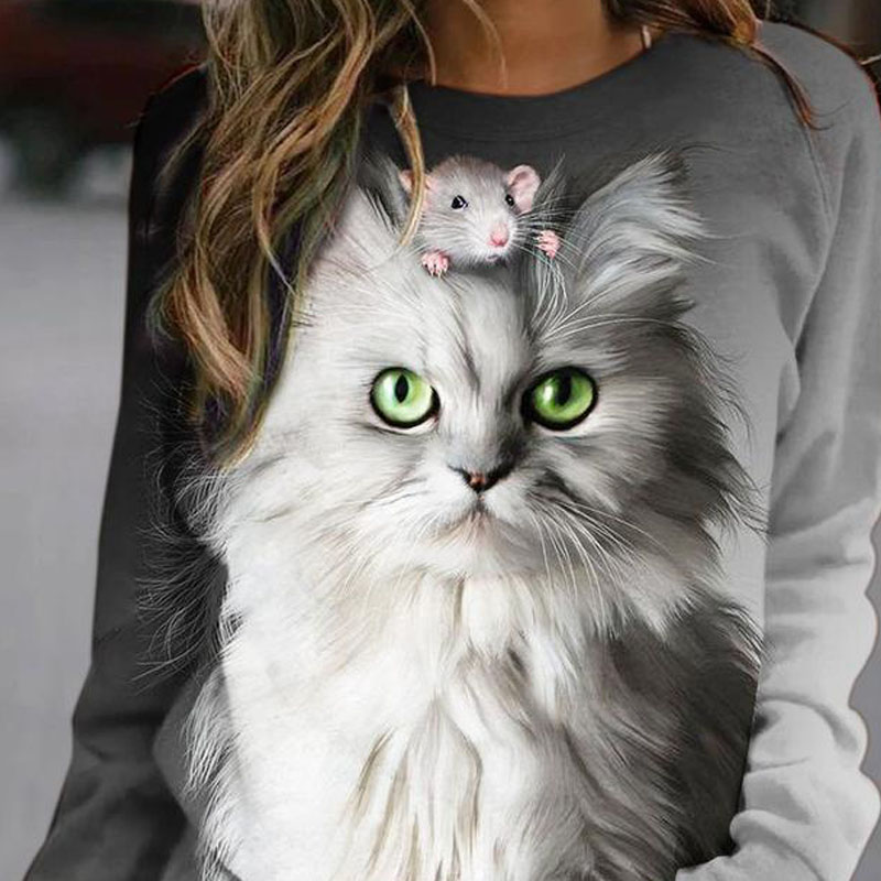 Title 3, Cute Cat Loose Pullover Round Neck Print Long S...