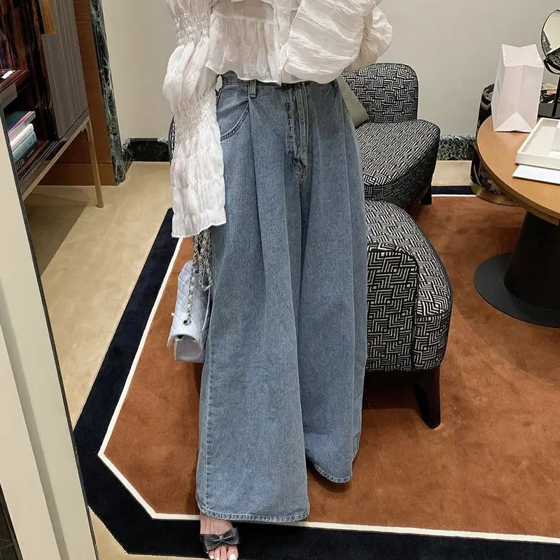 PantsOne Grain Button Pleated Design Loose Straight Wide Leg Jeans