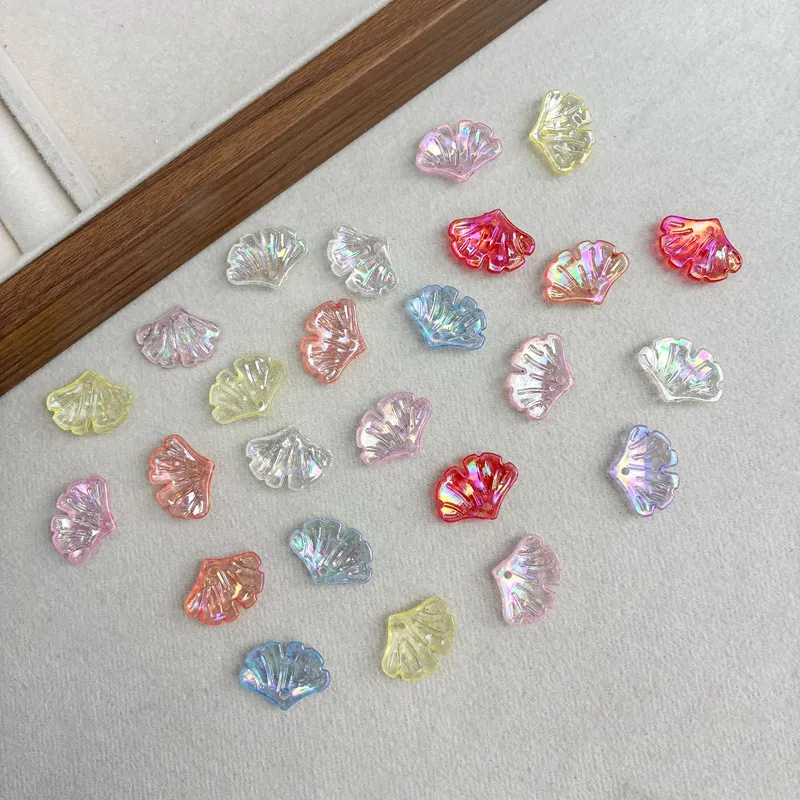 Translucent AB Iridescent Scallop Leaf Charms, Top-Hole