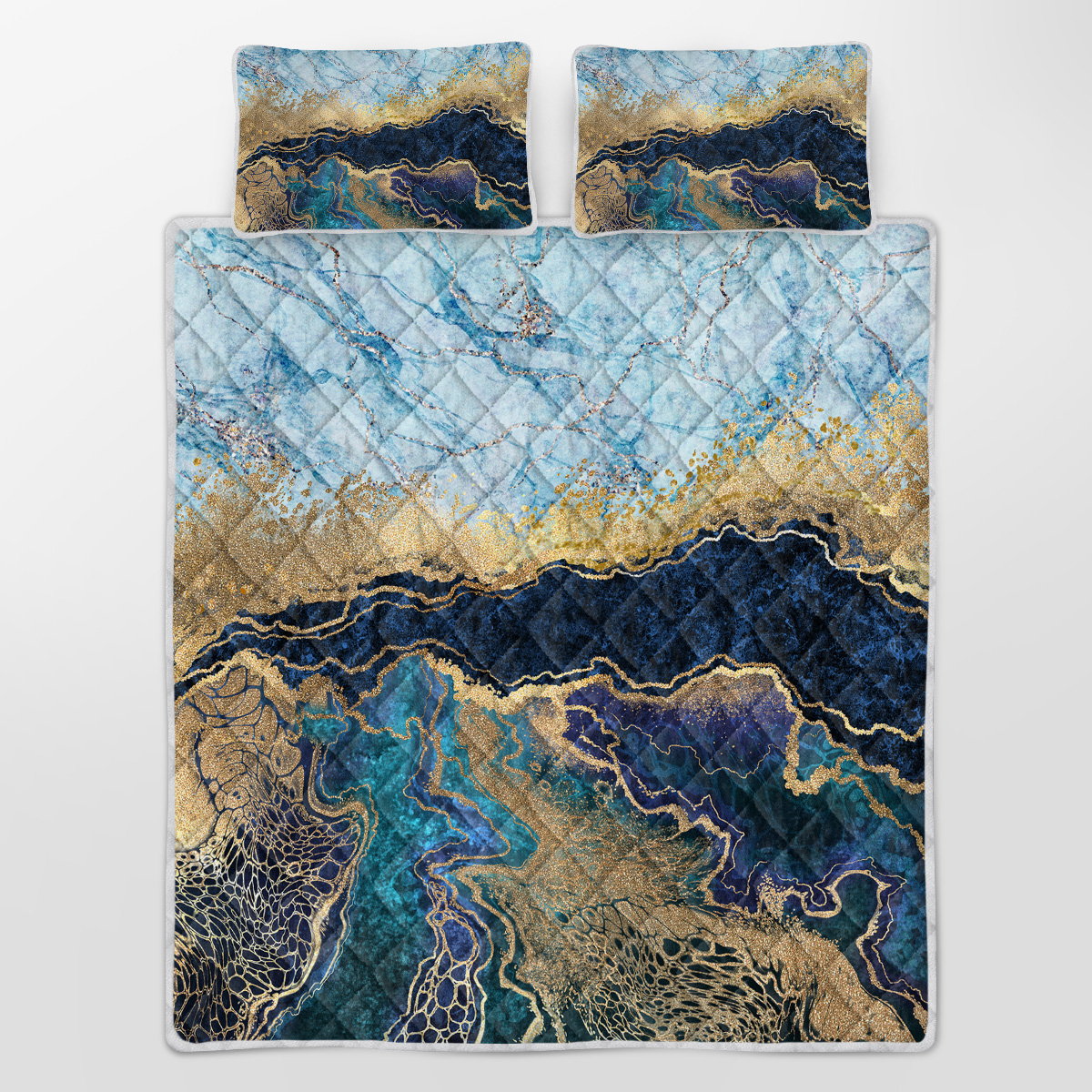 Marble Quilt Set, Blue And Gold Marble Bedding 3 Pieces, 1 Quilt & 2 Pillow Cases, Luxury Marble Bed Set