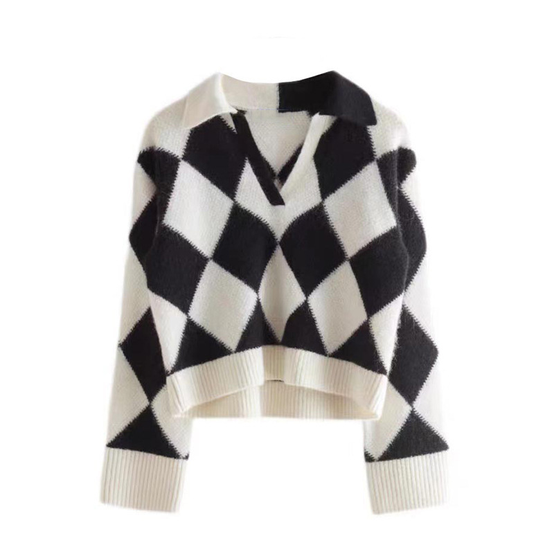 Black And White Checkered Loose Lapel Sweater Blouse