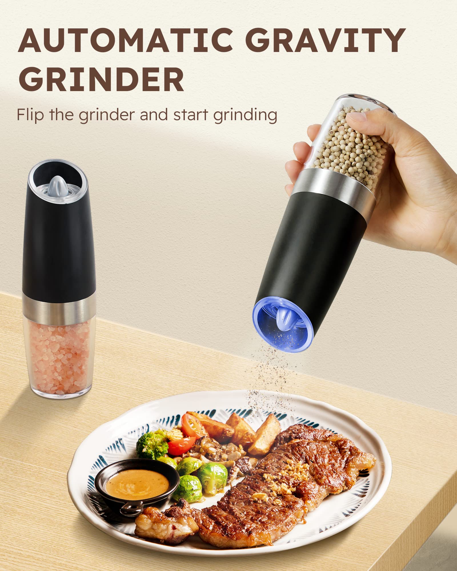 Gravity Electric Salt And Pepper Grinder Set with LED light, battery powered adjustable coarseness, one hand operation, upgraded larger capacity.