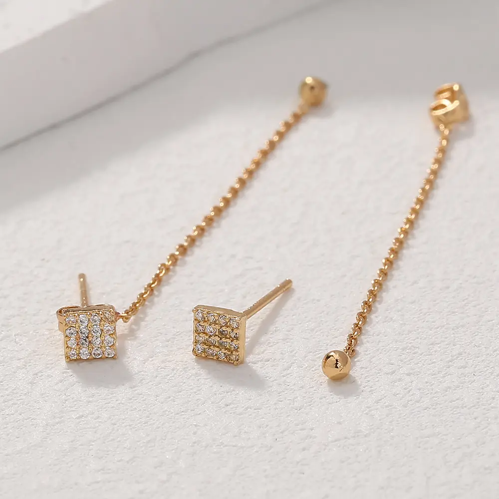 Simple And Stylish Copper Micro-zircon Earrings Long Tassel Gold Square Earrings