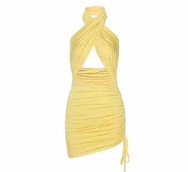 Solid Color Hanging Neck Sexy Backless Dresses Yellow - Shop at LoveMi
