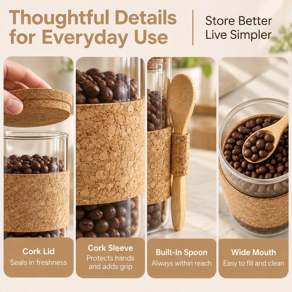 Square Glass Storage Jar With Cork Lid And Spoon,
