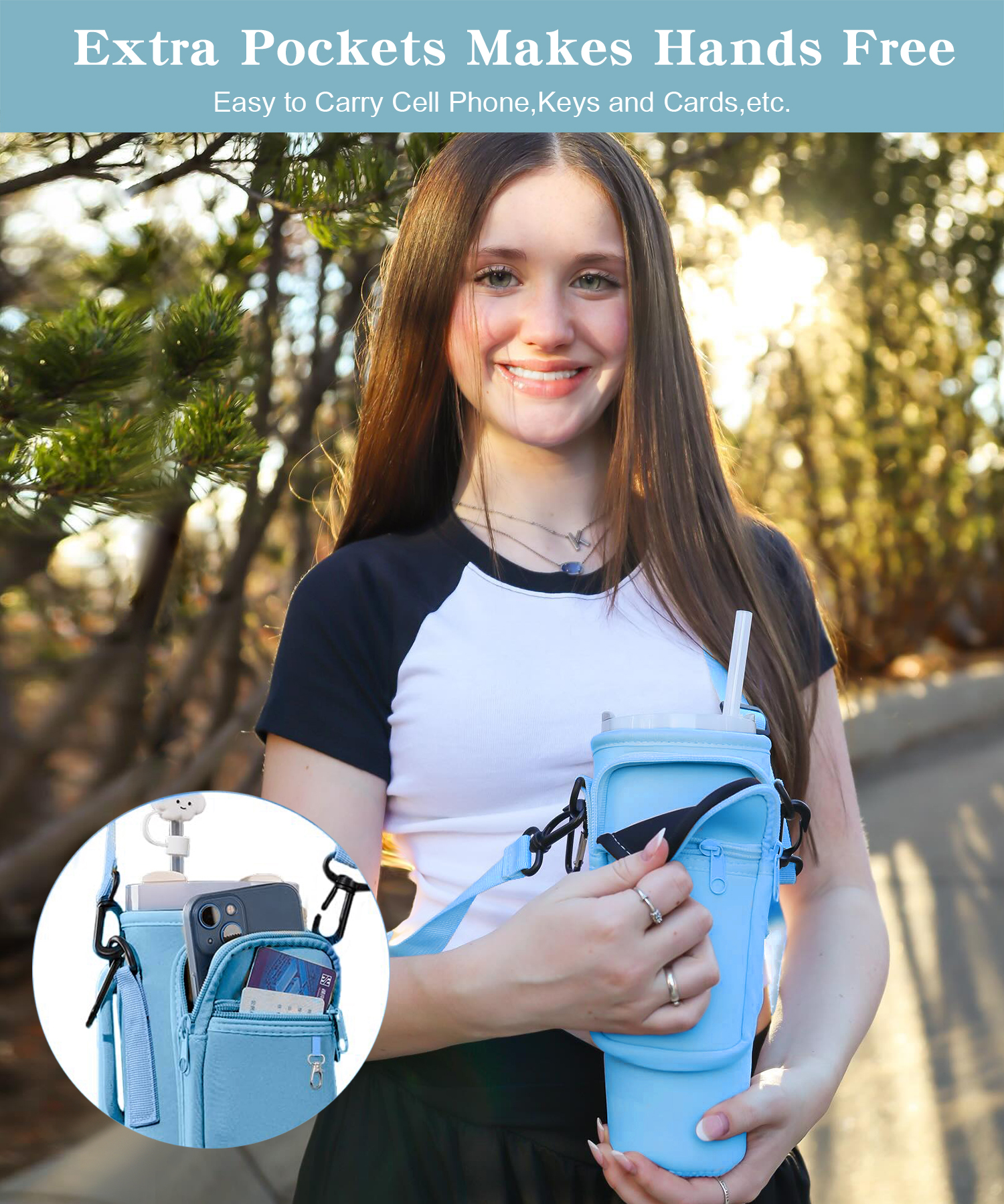 water bottle carrier bag with phone pocket for tumbler neoprene water bottle holder pouch with adjustable strap bollus with straw cover and carabiner for cup accessories drinkware mug