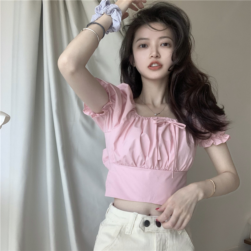 Title 4, Puff Sleeve Retro High Waist Slim Short Sleeve