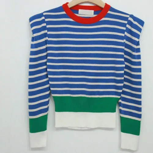 Spring New Style Korean Fashion Korean Striped Knit Color Matching Long sleeved Sweater Women's Bottoming Shirt Top Blue - Shop at LoveMi