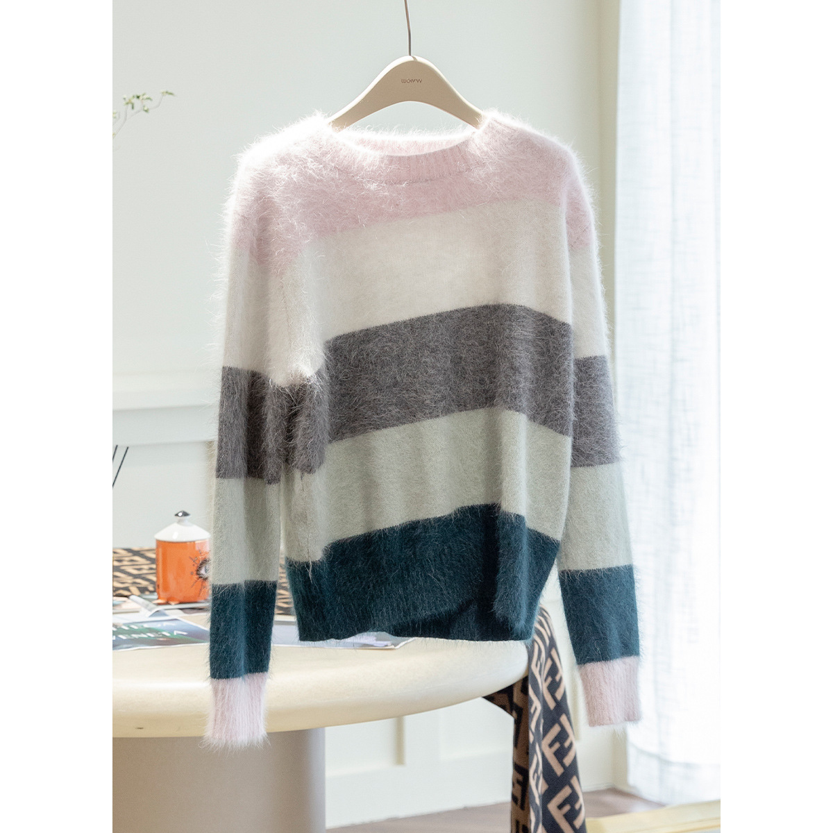 Title 3, Loose Round Neck Contrast Large Striped Sweater...