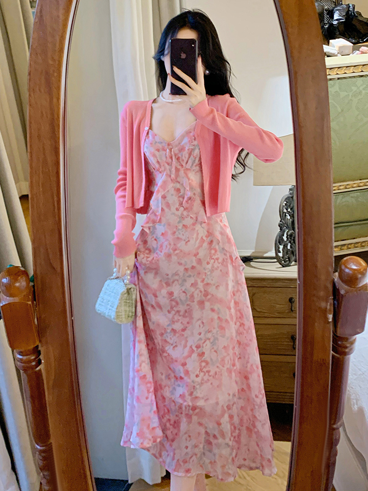 Pink Floral Halter Dress Two-piece Suit