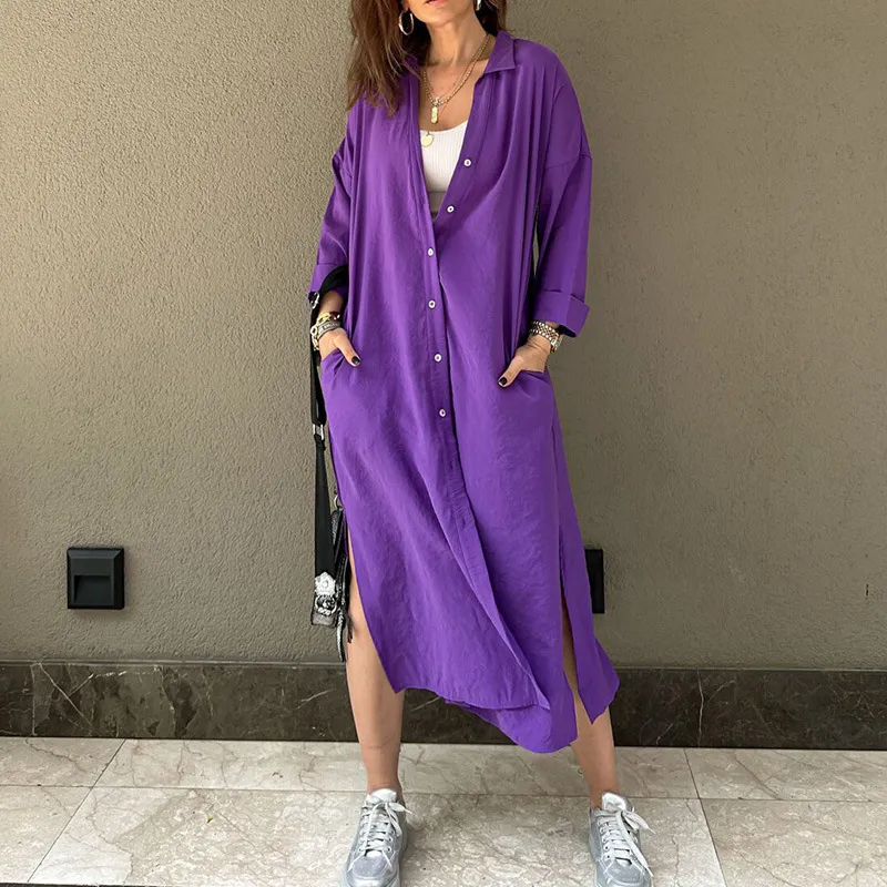 Long Shirt Style Dress With Loose Fit - Purple