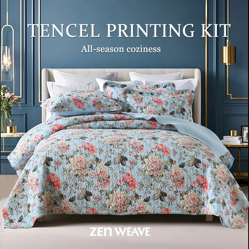 Cotton Reversible Quilt Bedspread Set Vintage Victorian Floral Toile Print Coral  Peony Blue Background Oil Painting Art 3-Piece All Season Reversible Lightweight Luxury Bedding For Full Queen