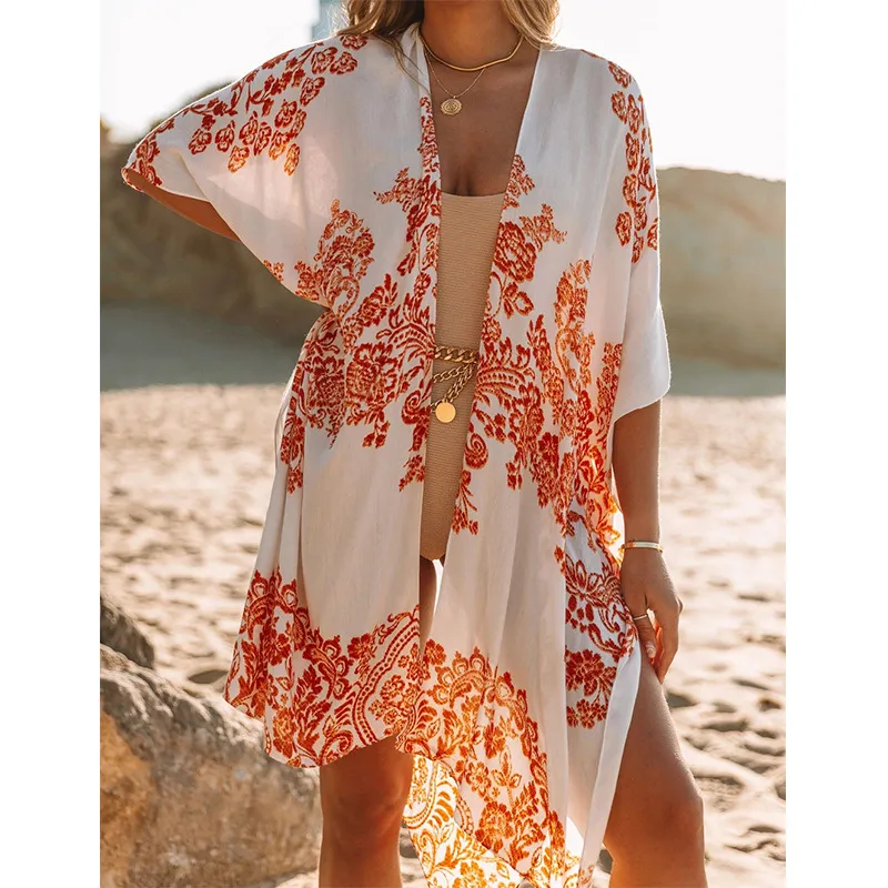 Mid Length Slit Chiffon Print Sun Blouse - Locate Flower Maple Leaves