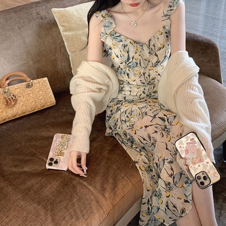 Chiffon Printed Dress Summer Mid Length Green Flower - Shop at LoveMi