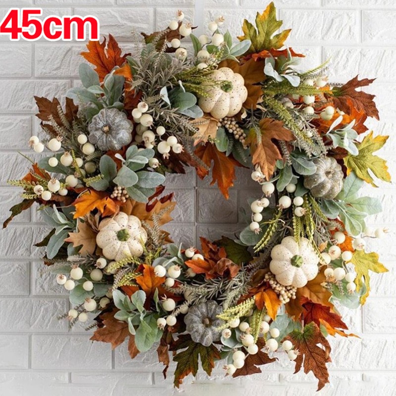 45CM Artificial Wreath Garland Fall Maple Leaf Pumpkin Door