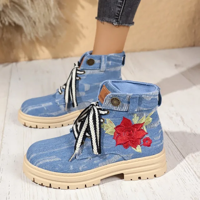 Lace up Canvas Boots Fashion Rose Embroidered Shoes Round Toe Thick Heel Short Boot Women Blue - Shop at LoveMi
