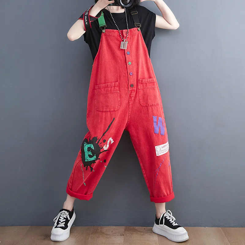 Women's Summer Thin Loose Plus Size Printed Denim Overalls - Red