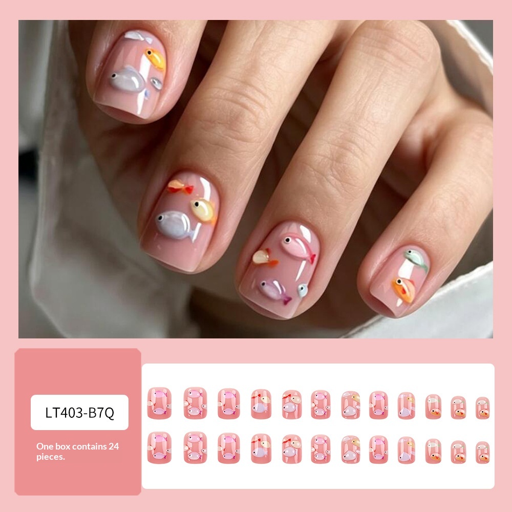 24 Pieces Of Short Square Acrylic Nail Stickers For 3D Ocean Fish, Press-on Nail Gradient Artificial Nails, Including 1 Piece Of Jelly Glue And 1 Nail File. Wearable Nail Accessories. — foto 3