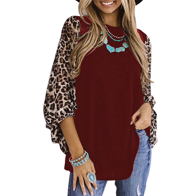 Title 3, Leopard Print Long Sleeve Round Neck T-Shirt Women