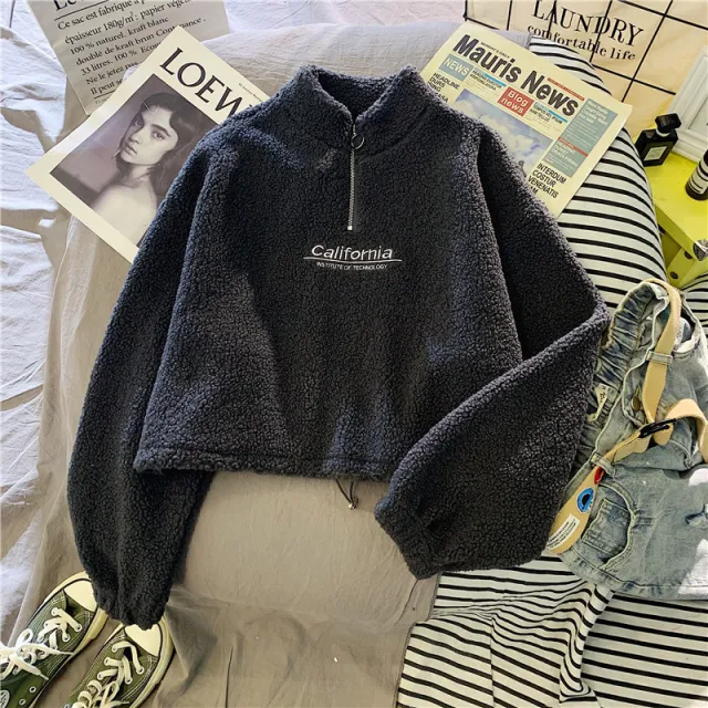 Cut Waist Sweater Lamb Velvet Coat Thick Embroidered California Letters Black - Shop at LoveMi