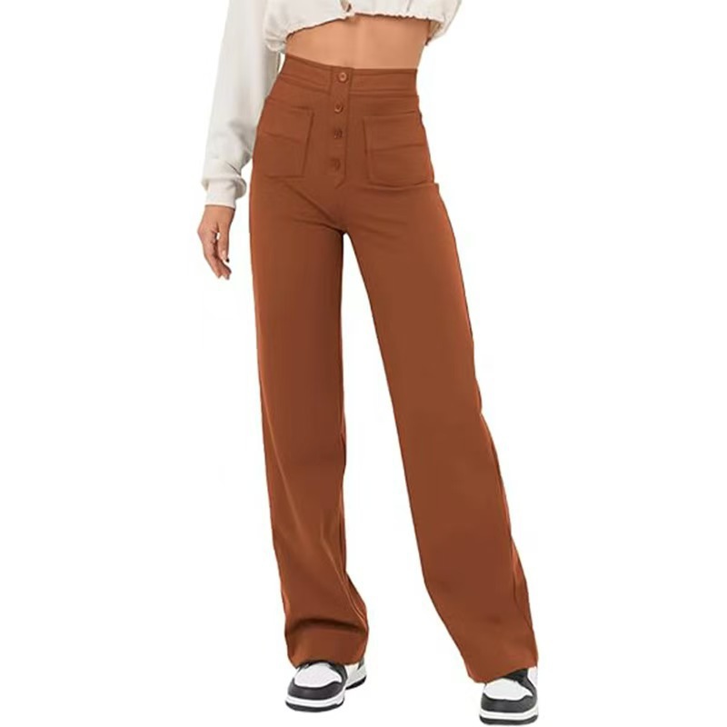 Women's Casual Straight-Leg Pants With High Waist, Button Closure, Elasticity, And Multiple Pockets