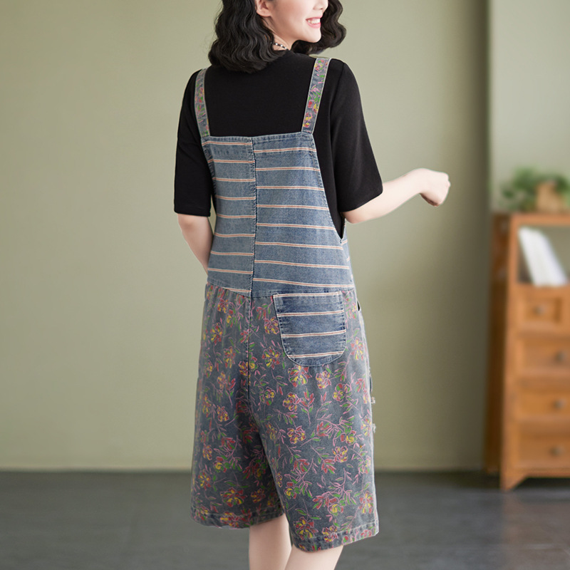 Oversized Chubby Mm Loose And Slim Five Piece Jumpsuit With Printed Denim Straps
