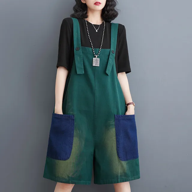 Fashion Large Contrast Denim Strap Pants Green - Shop at LoveMi