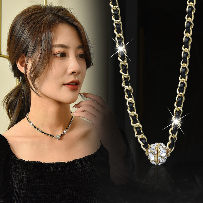 Rhinestone Ball Magnetic Braided Rope Necklace For Women, Korean Fashion Round Pendant Collarbone Chain, Trendy Versatile Jewelry