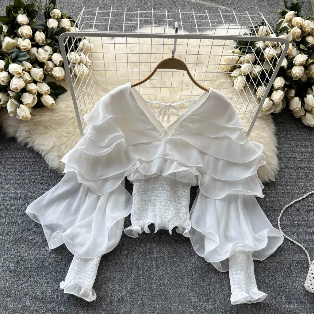 Niche Design Long Sleeve Shirt With Ruffled Edge Tucked In Waist Autumn Top - White