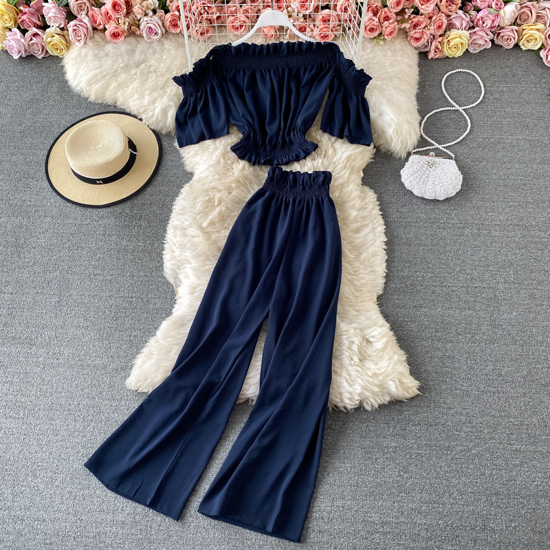 One-shoulder Off-the-shoulder Top High-waisted Wide-leg Pants Two-piece Suit