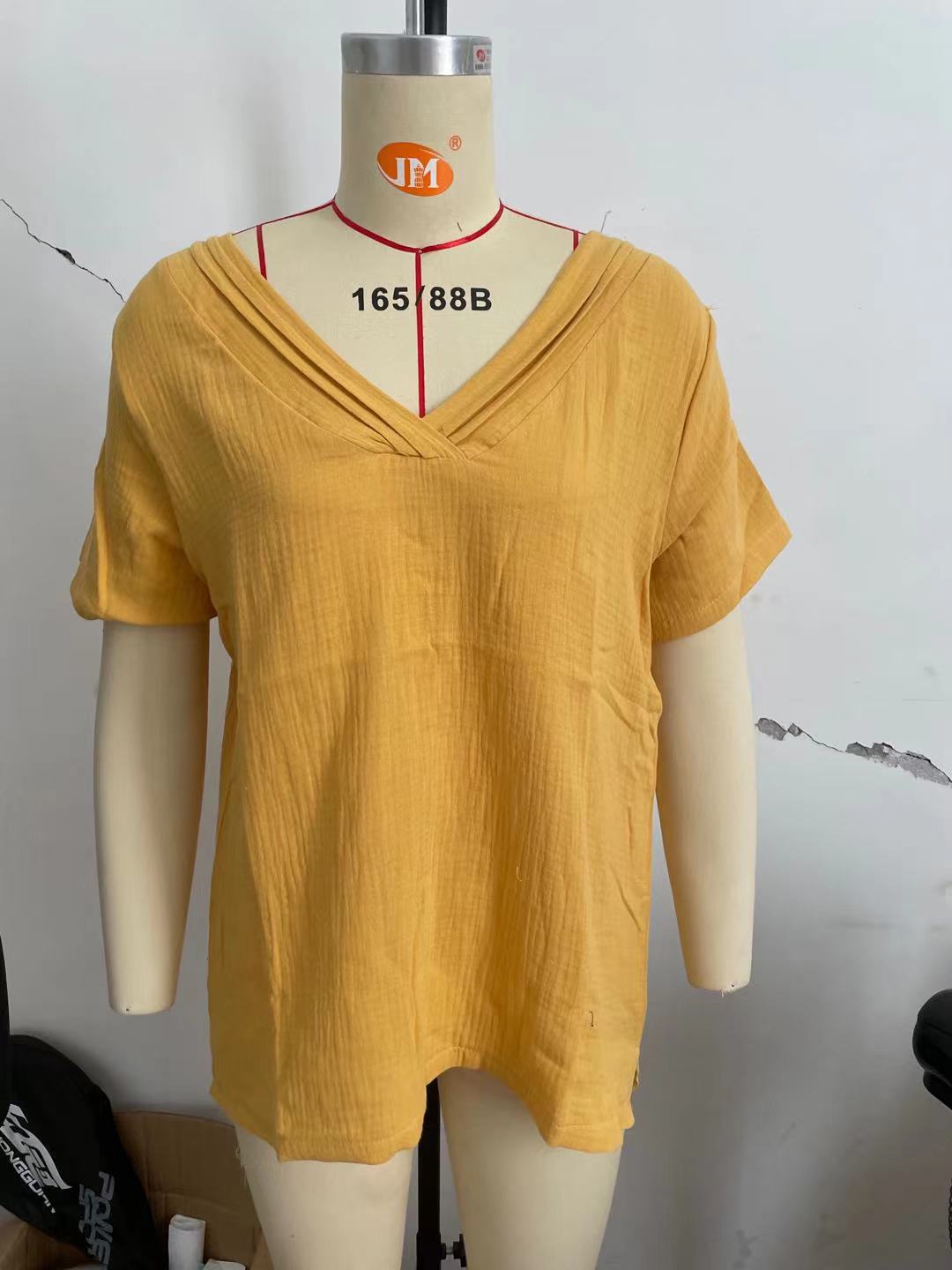 Large V-neck Hem Bifurcated Short-sleeved Cotton And Linen Layers