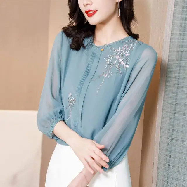 Western style Age reducing Chiffon Silk Women's Shirt Blue - Shop at LoveMi