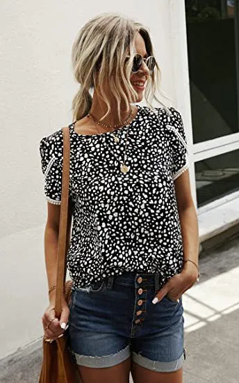 Women's Top Casual Floral Print Lace Crochet Short Sleeves Black And White Big Dots - Shop at LoveMi