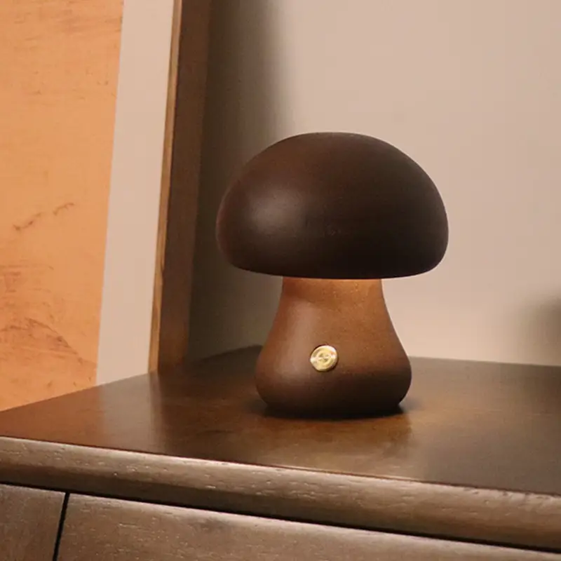 INS Wooden Cute Mushroom LED Night Light with Touch Switch Bedside Table Lamp