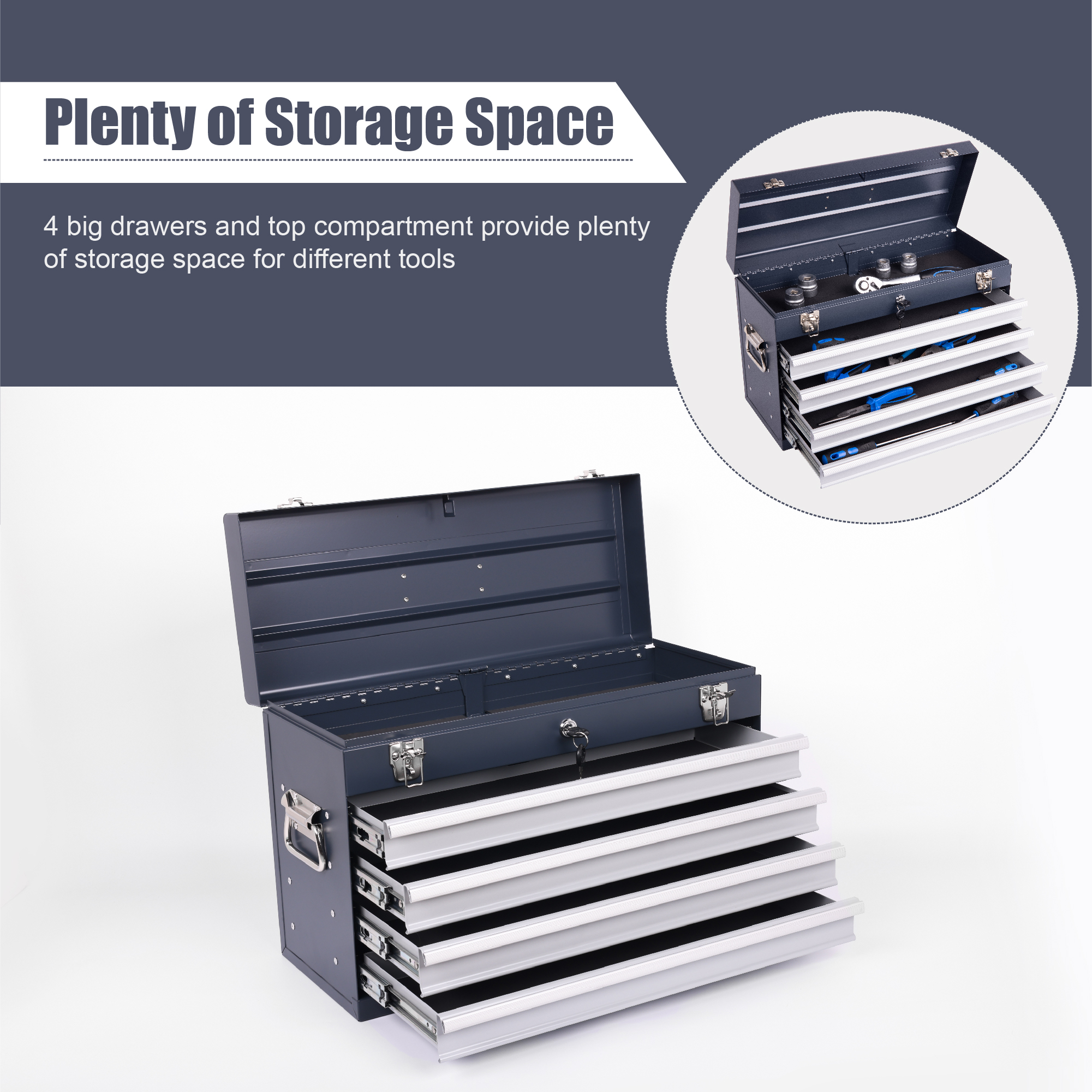 Heavy Duty Metal Tool Box, 21-inch, Portable Metal Tool Box With 4 Drawers, Small Tool Chest With EVA Liners, Ball Bearing Slide Drawers Locking & Powder Coated Finish, Multi-Function Tool Organizer — foto 2