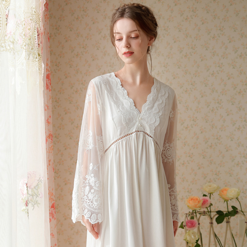 Title 5, Long-sleeved V-neck Nightdress Embroidered With...