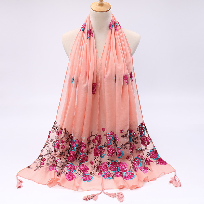 Pure Color Cotton And Linen Embroidered Hot Drilling Fringe Scarf