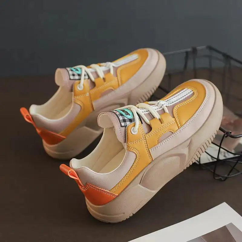 Women's Fashion Thick-soled Leather Stitching Sneakers