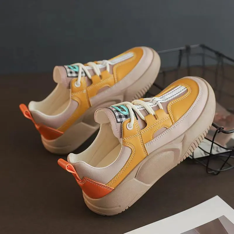 Women's Fashion Thick-soled Leather Stitching Sneakers - Beige