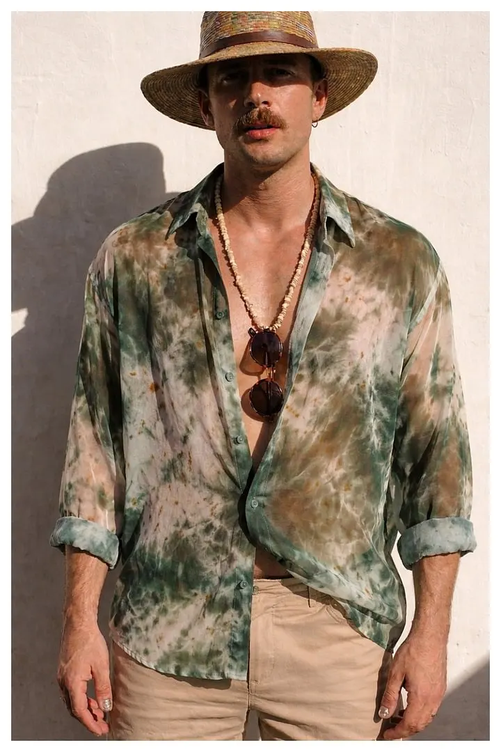 Men's Moss Green Marble Dye Sheer Shirt