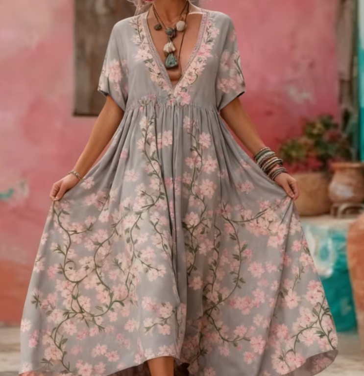 Women's Printed Elegant V-Neck Long Dress