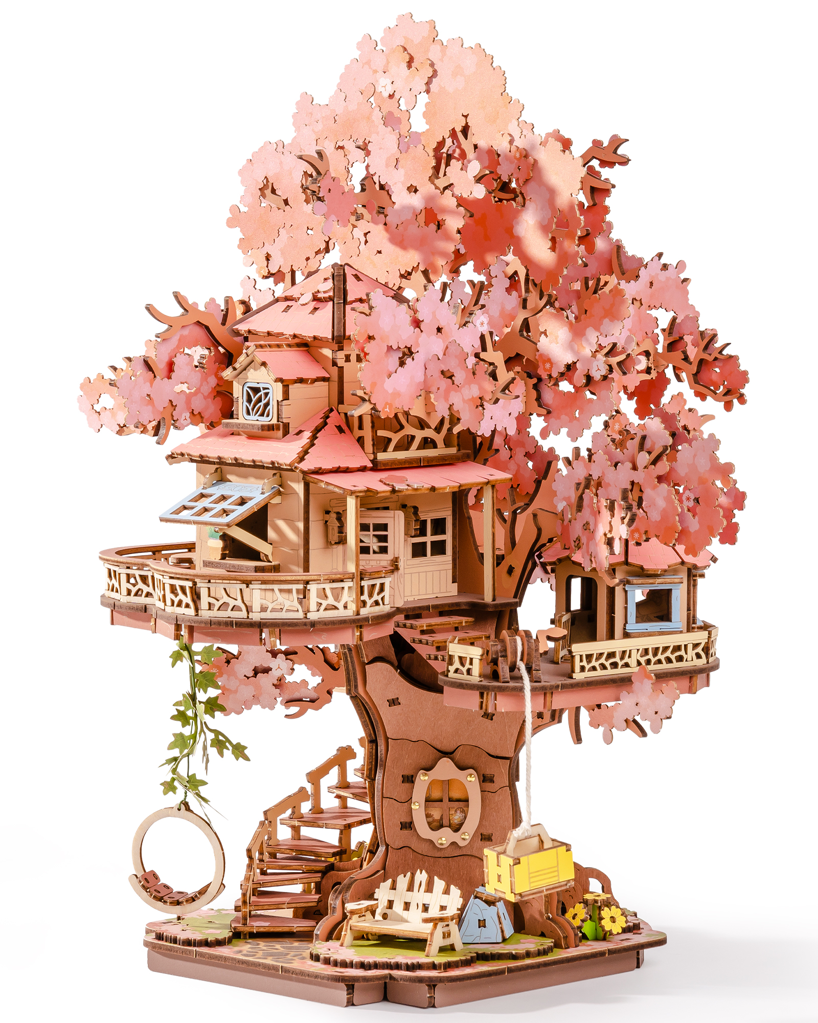 Rolife DIY Miniature Sakura House Set - Sakura Tree House, 3D Wooden Japanese Sakura Building Kit With Swing And Spiral Staircase, 535 Pieces, Bonsai Craft Home Decor Gift For Adults And Teens