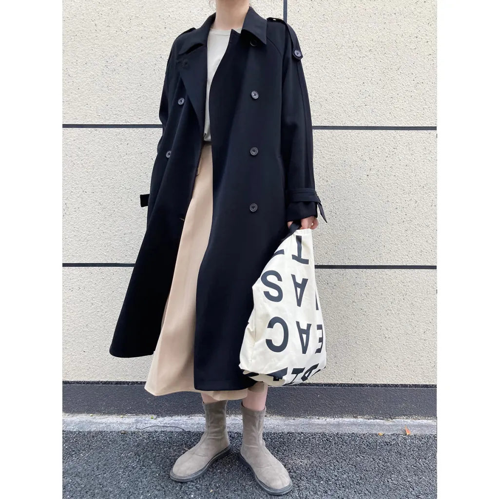 Autumn Drape British Style Loose Mid-length Over-the-knee Windbreaker Jacket Women - Black
