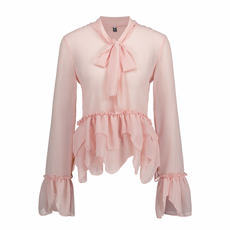 Solid Color Lotus Leaf Sleeve Scarf Collar Wave Hem Pullover Top