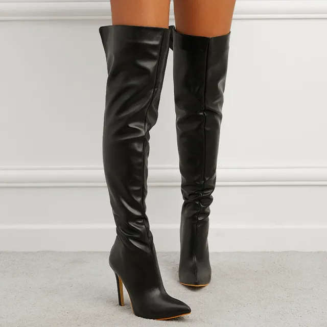Women's Pointed Toe Stiletto Heel Over the knee Back Zipper Boots Black - Shop at LoveMi