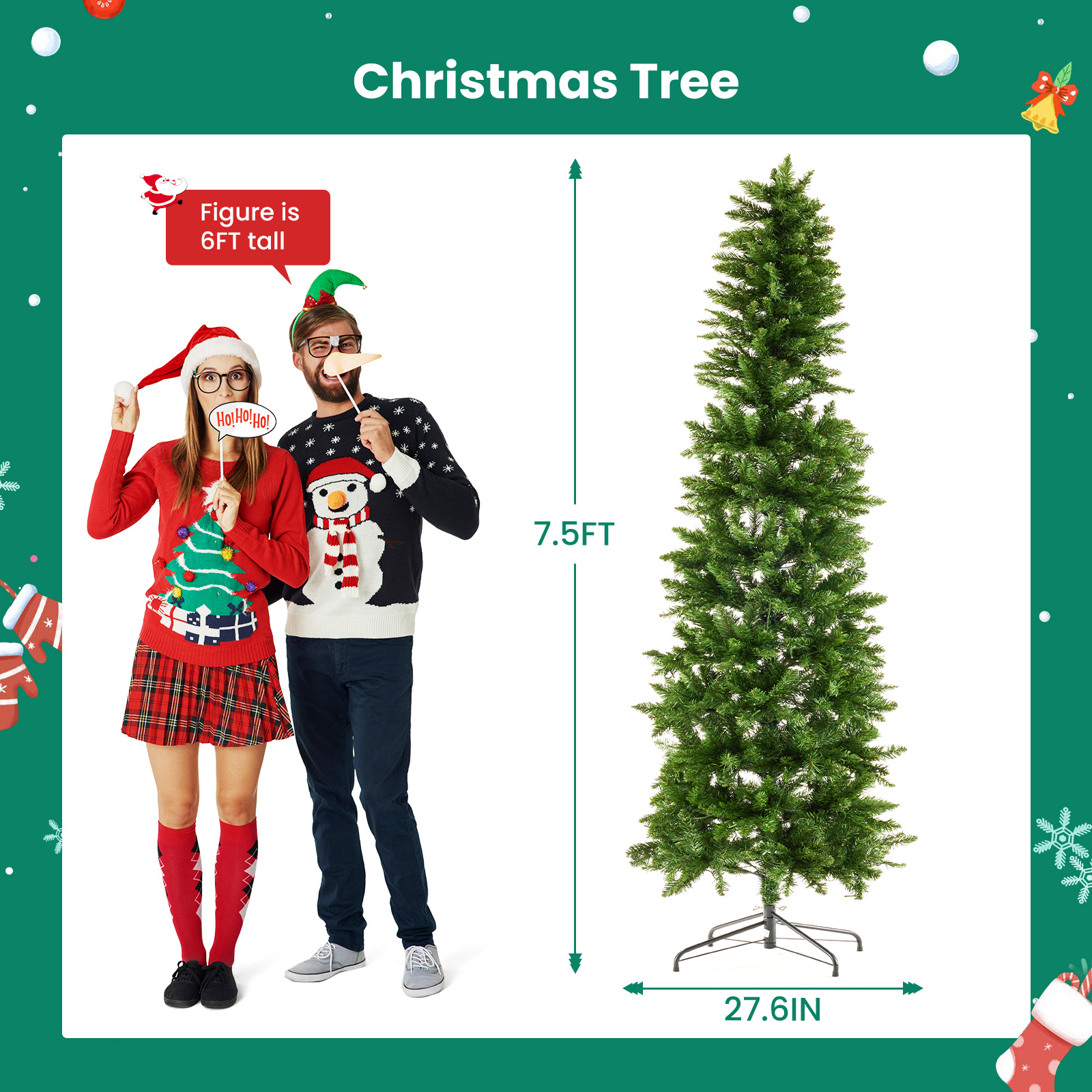 Pencil Christmas Tree, Prelighted Artificial Slim Christmas Trees With 250 Incandescent Lights, 571 Branch Tips & Foldable Base image 5